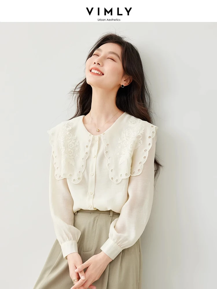 

Vimly French Style Peter Pan Collar Women's Shirt 2024 Spring Apricot Lyocell Blend Thin O-neck Embroidery Women Blouses 30150