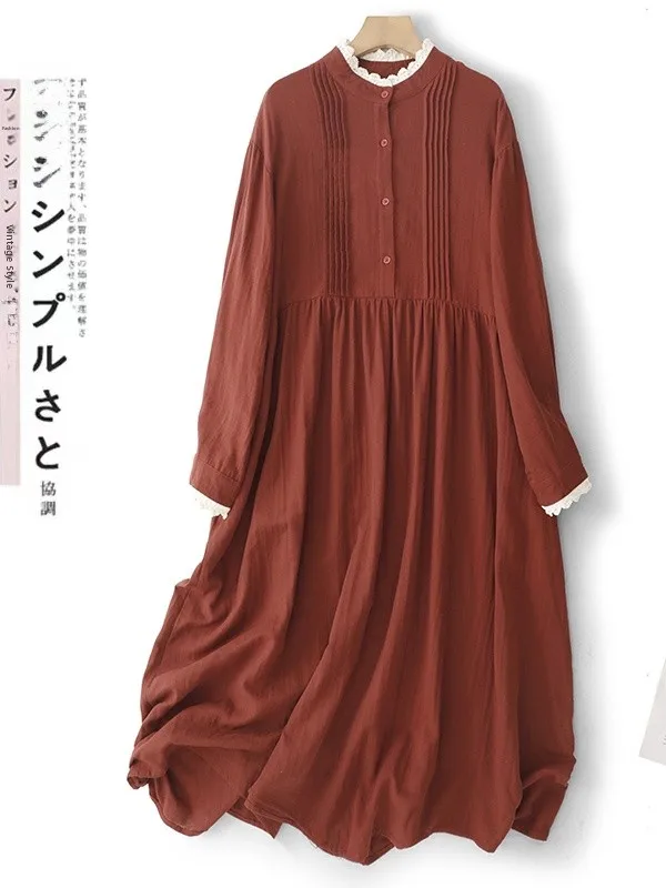 

Casual Long Sve Double Layered Tulle Dr Lace Trim Artistic Large Size A-Line Dr round Ne Mid-Length for Autumn