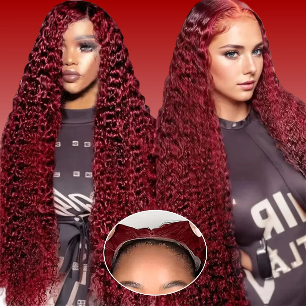 

Burgundy Red Remy 100 Red Curly Human Hair Wigs 13X4 HD Glueless Wig Human Hair Ready to Wear 7x5 Deep Wave Frontal Wigs 180%