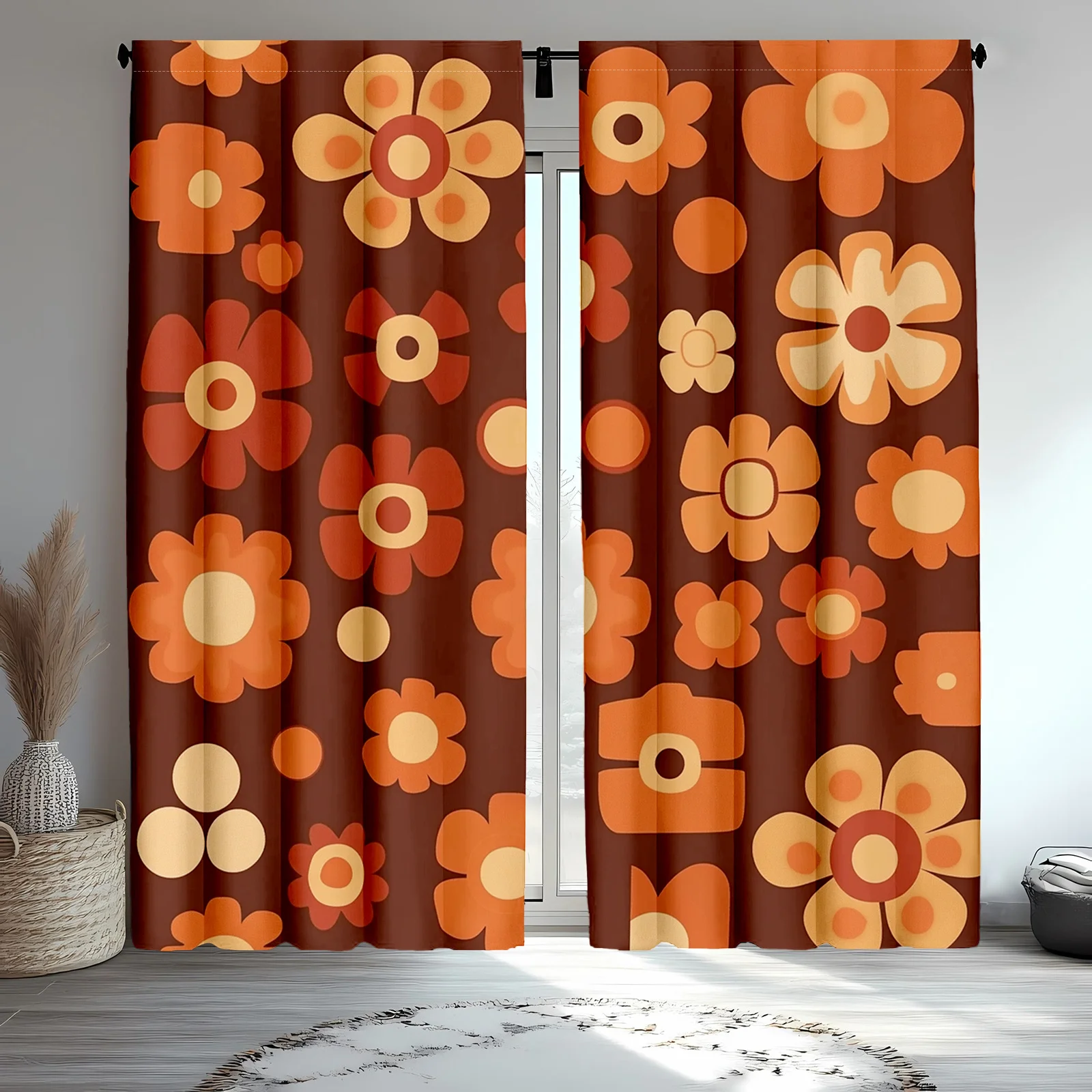 2-Pack Vintage Bohemian Floral Curtains, Polyester, Machine Washable, Suitable for Bedroom Living Room Decoration