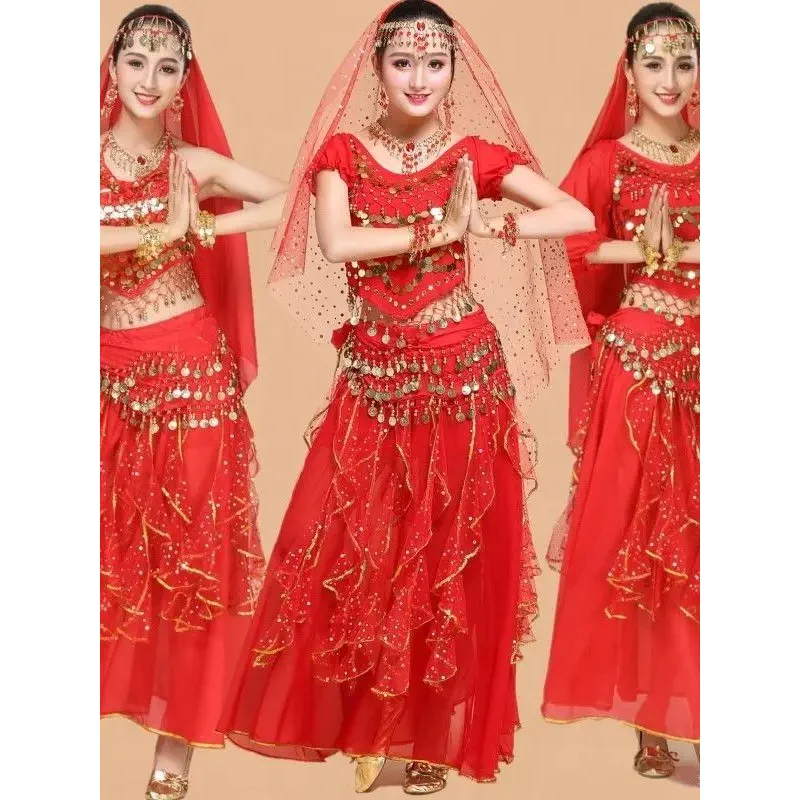 Vestido de bollywood adulto traje feminino dança indiana dança do ventre sari roupas desempenho dança roupas chiffon saia conjunto um tamanho