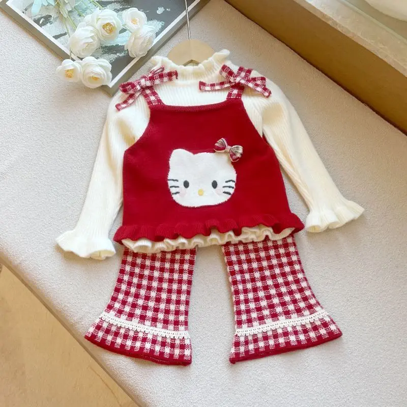 

Kawaii Sanrio Hello Kitty Girls Long Sleeves Sweater Pants Three-Piece Set Spring Autumn Children's Sweatshirt Flare Trousers