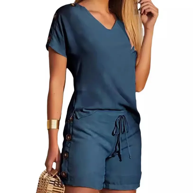 Dwuczęściowe zestawy damskie 2024 Summer Fashion Floral Tribal Print V-Neck Short Sleeve Top & Casual Drawstring Shorts Set — zdjęcie 6