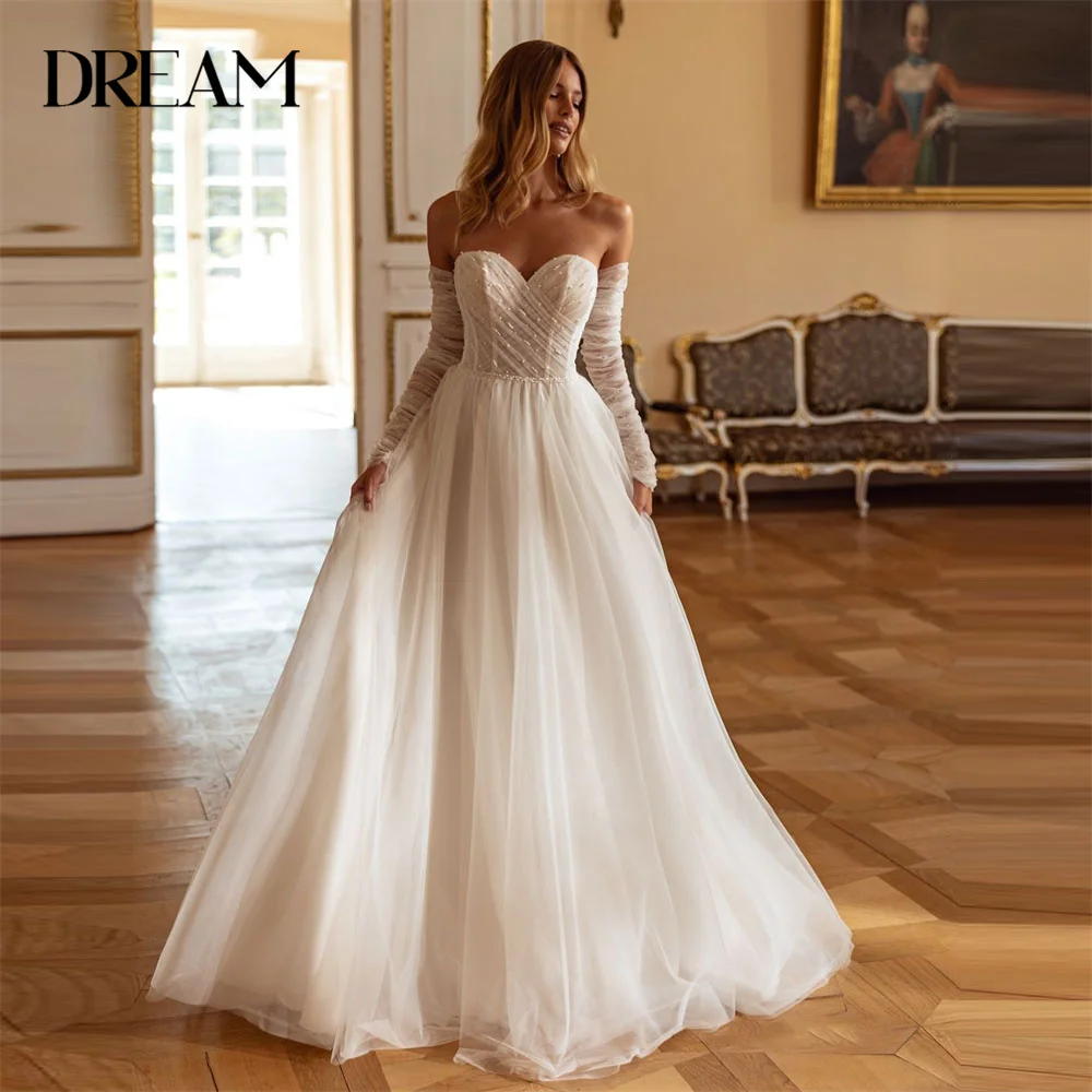 

DREAM Sweetheart Beading A-Line Pleat Wedding Dresses Women Long Sleeve Open Back Tulle Bridal Gown Vestido De Novia Customized