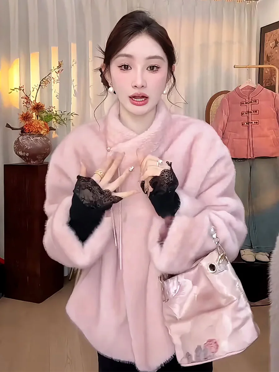 

New Chinese Sle ort Faux Mink Jaet Women's Winter Stand Collar Pink Slimming Warmth Gentle Top Thiened Long Sve