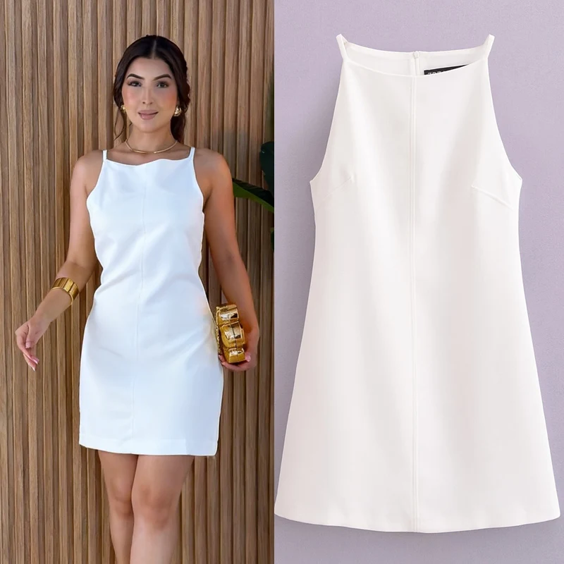 2025 Neues weißes Neckholder-Minikleid für Damen, ärmellos, lässiges Partykleid, elegante Slim-Fit, Alltagskleidung, modische Kleider für Damen