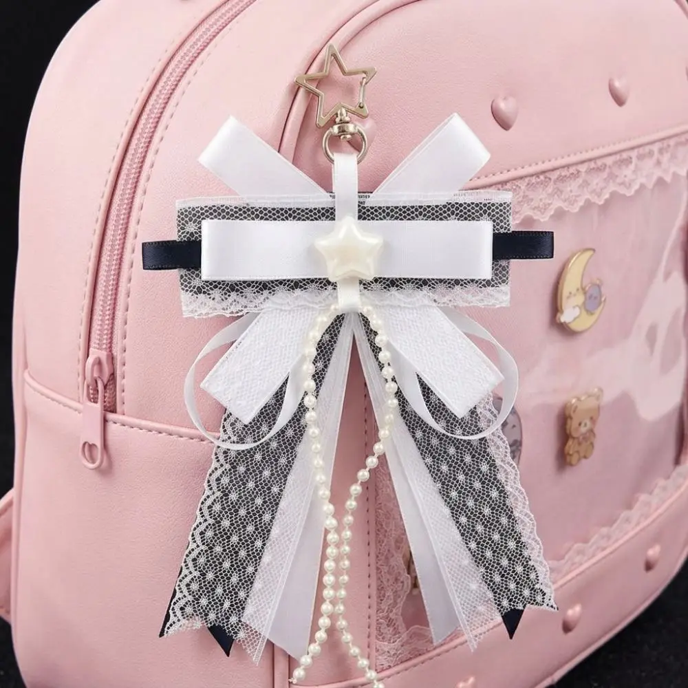 Star Lolita Polka Dot Lace Bow Pendant Long Streamers Handmade Jewelry Itabag Keychain Charm Imitation Pearl Itabag Decoration