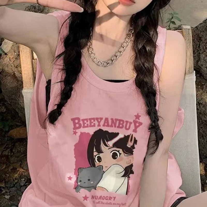 Jerseys sin mangas para mujer, Tops holgados con cuello redondo, camisetas de estilo joven a la moda, 2024