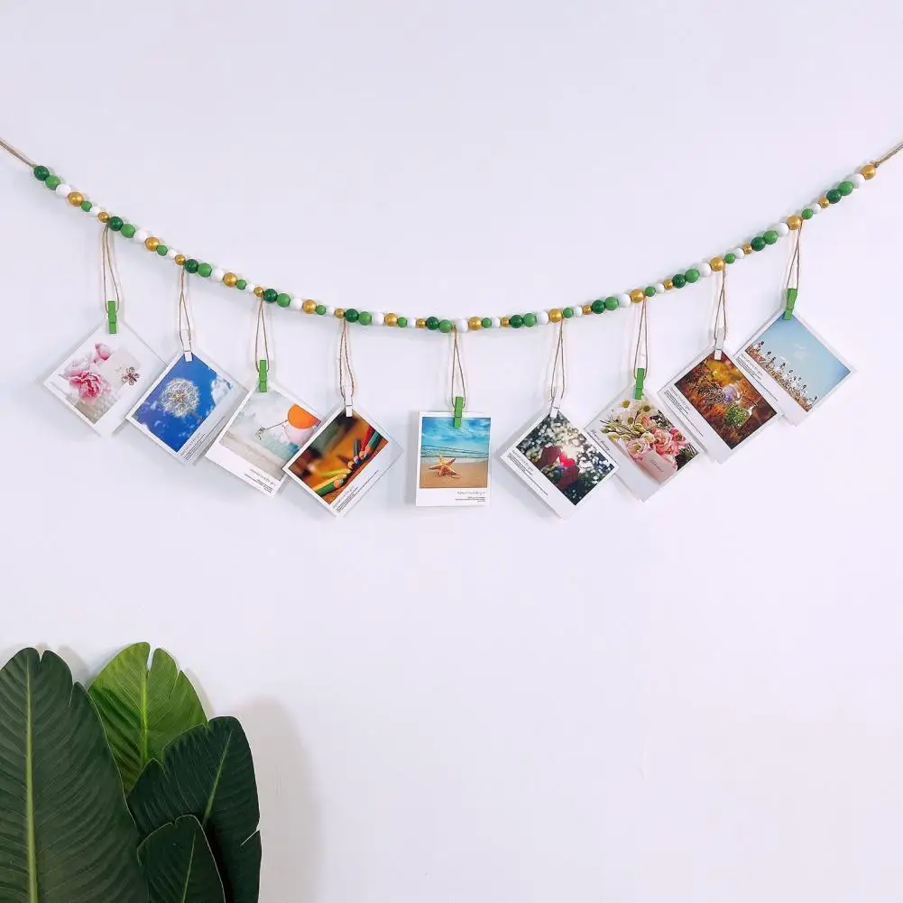 120cm Hemp Rope Photo Display Hanger Wood Beads Wall Mounted Bead String Wooden Clip Memo Photo Hanger Garland Storage Tassel