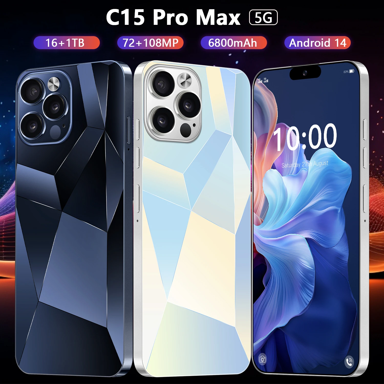 

C15 Pro Max Cell Phone 6.8 HD Screen SmartPhone 5G 16G+1TB Android14.0 Dual Sim Celulares Unlocked 108MP 6800mAh Mobile Phones