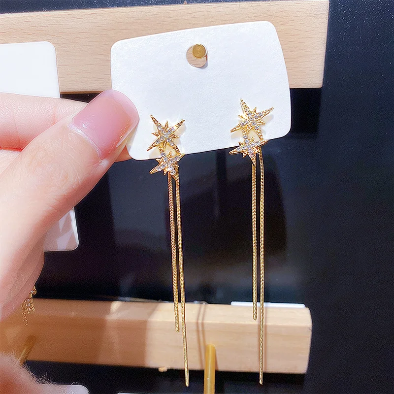 S925 Silver Needle Octagonal Star Long Tassel Earrings Metal Star Studded Diamond Earrings Female Personality Versatile Earrings