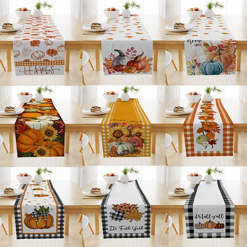 Autumn Pumpkin Maple Leaf Print Table Runner Holiday Decoration Table Party Table Mat Restaurant Coffee Table Dresser Scarf