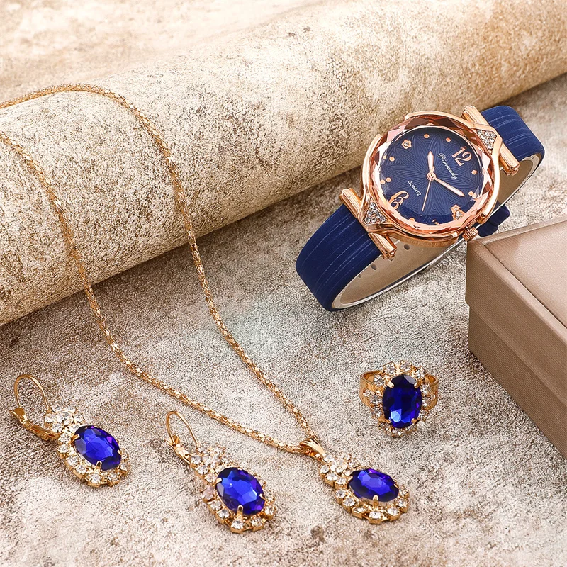 5pcs Set Fashion Women Watches Luxury Fine Ladies Wristwatch Necklace Female Ring Earring Gift Leather Quartz Watch reloj mujer