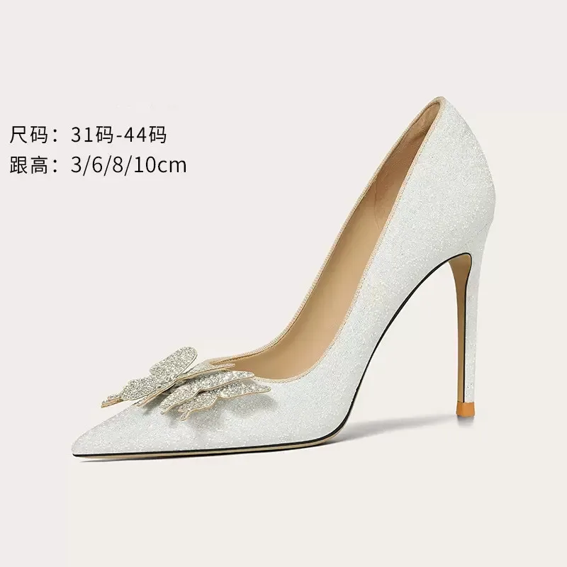 

Spring and summer new pointy sequins diamond bow bride wedding shoes thin high heels banquet dress large small women single shoe