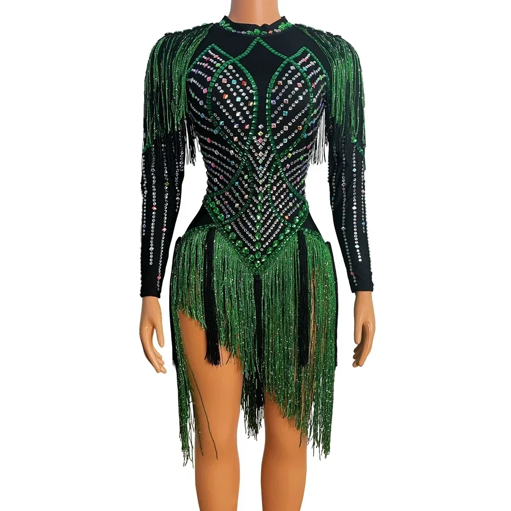 

Sparkly Rhinestones Tassel Leotard Sexy Dance Costume Crystals Black Green Fringes Bodysuit Nightclub Outfit Show Stage Wear