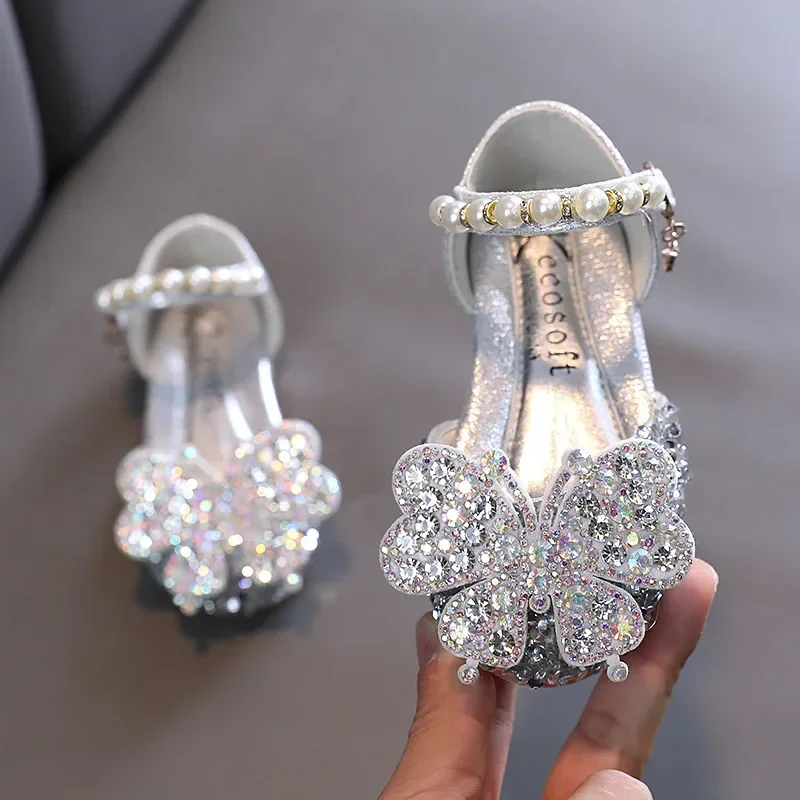 

Kids Sequined Bowknot Princess Shoes Children Silver Pink Leather Shoes Wedding Party Girls Dance Performance Shoes