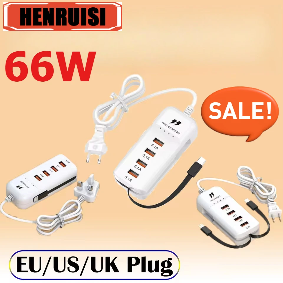 

66W 4 Ports USB Fast Charger Power Socket Mobile Phone Charger With Breathing Lamp For iPhone 15 16 Pro Max Xiaomi Wall Adapter