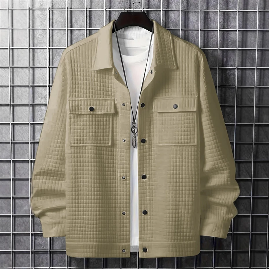 Solid Color Plaid Jacket Men Spring Autumn Jackets Cargo Coats Fashion Casual Pocket Design Outerwear Male