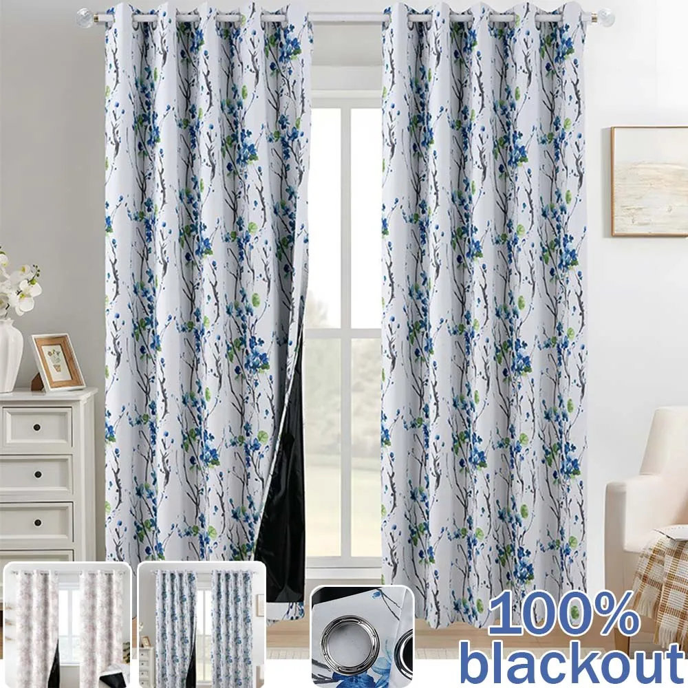 

Floral Printed 100% Blackout Curtains Thermal Insulated Grommet Top Drapes Black Backing Privacy Protect Window Treatment 가림막 커튼