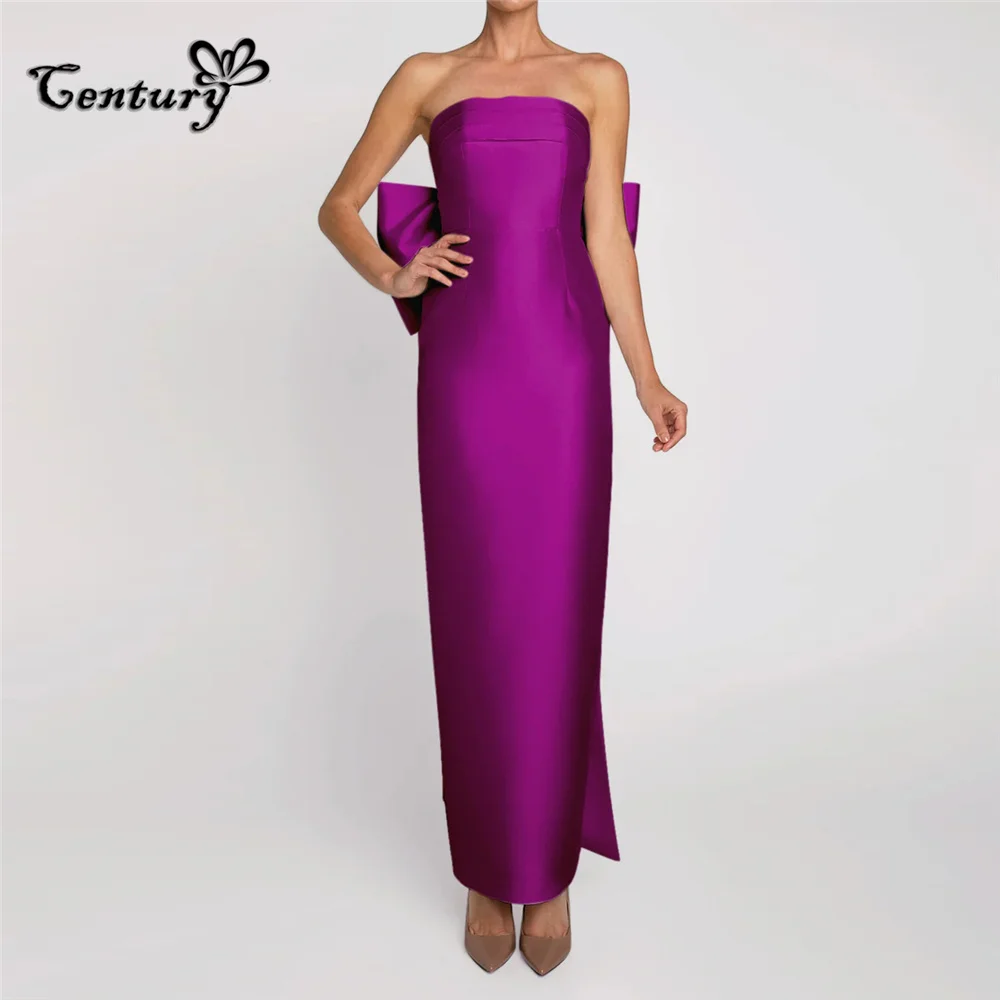 Purple Saudi Arabic Prom Dress Long 2024 Big Bow Backless Strapless Satin Dubai Evening Dresses Wedding Party Gowns Customized