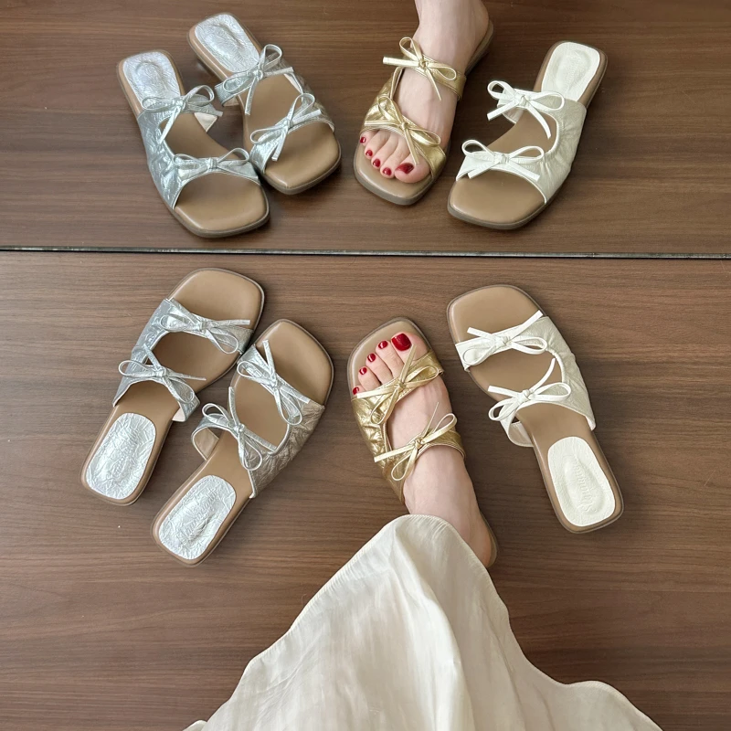 

2026 Summer New Flat Bow Slippers Women's French Temperament One Word Mopping