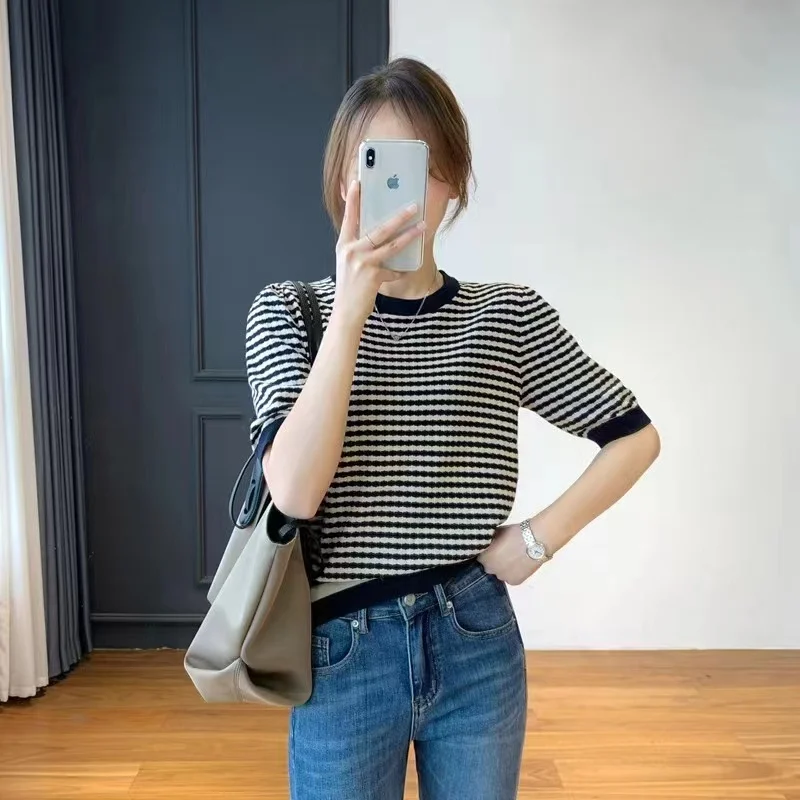 

Summer New Women's T-shirt Loose Fashion Round Neck Pullover Short Sleeve Casual Korean Contrast Knitted T-shirt Top Shirt