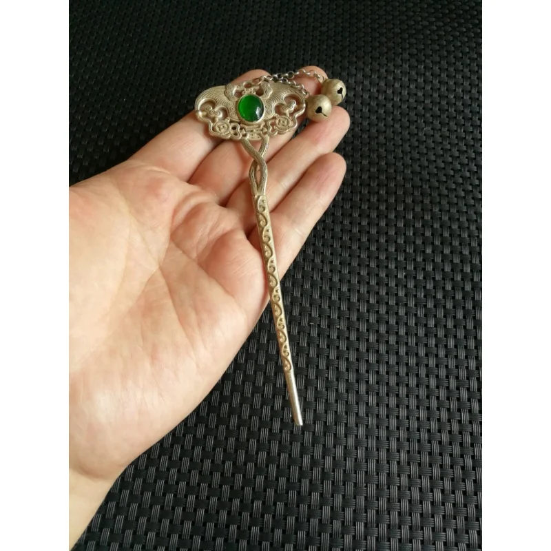 Antique Collection Vintage Old Silver Inlaid Green Chalcedony Agate Lucky Life Hairpin Seedlings Silver Hair Clasp Hairpin Acces