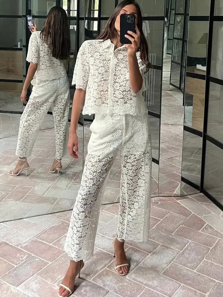 Foridol Transparent White Pants Set Women Summer Casual Office Female Outfit 2024 Hollow Out Matching Set Spring Suit