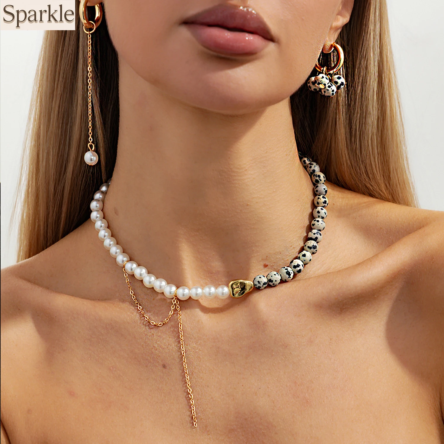 

Creative Unique Imitation Pearls Beads Choker Necklace And Stud Earrings Set for Women New Year Jewelry Gift Fashion Accessory