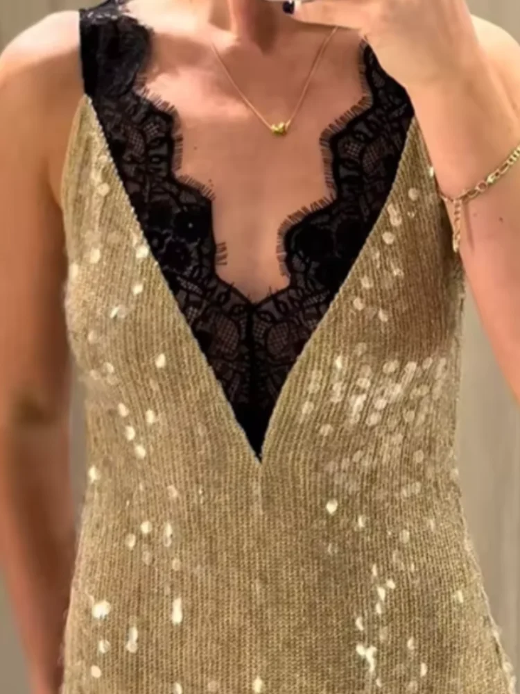 موضة الخامس الرقبة الترتر المرقعة الدانتيل فستان طويل المرأة بلا أكمام الخصر Cinched الورك المعانقة Vestidos سيدة مساء ثوب الحفلات