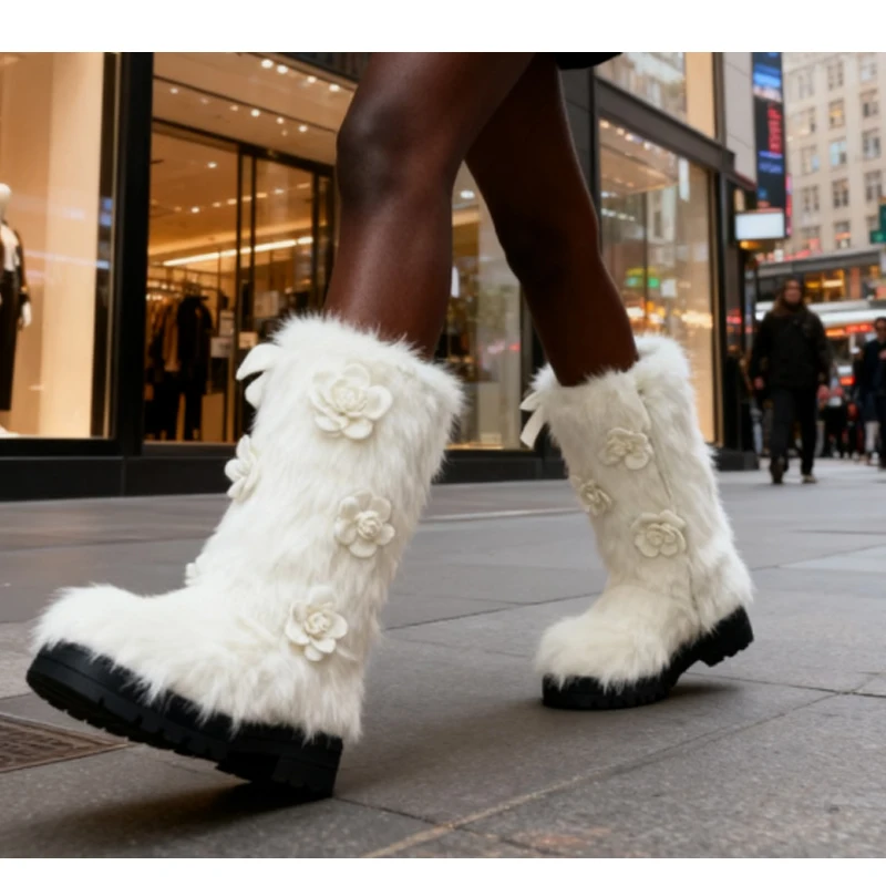 

White Faux Fur Floral Decor Mid-Calf Boots Woman Winter 2026 Thick Sole Warm Stylish Snow Boots Women's Fluffy Winter Boots