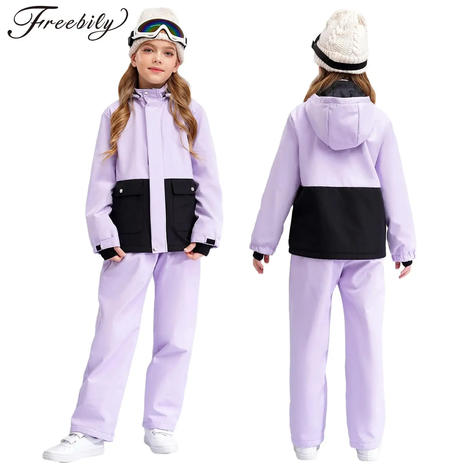 Children Girls Fleece Hoodie Ski Jacket and Pants Set Snowboarding Ski Suits Waterproof Windproof Winter Outdoor Overalls