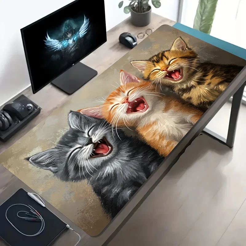 Funny Three Laughing Kitten Large Desk Mat, Anti-slip Rubber Mousepad for Gaming Room Office PC Keyboard Workstation Decor