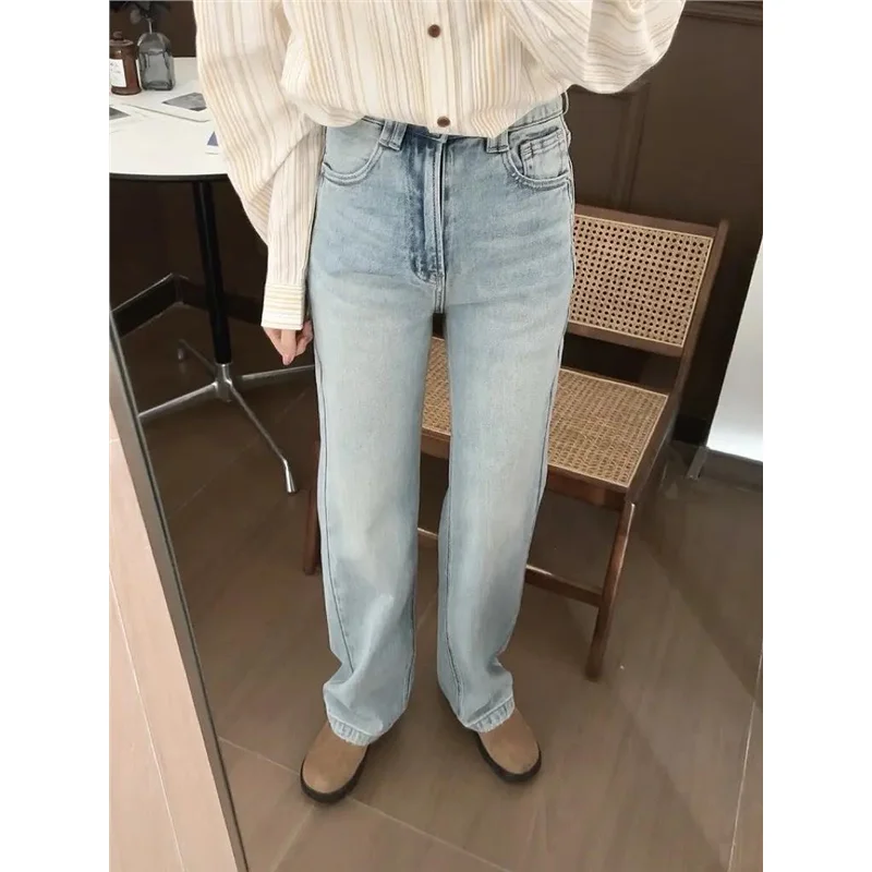 

Джинсы для похудения, модные, с высокой талией, прямые, синие, длинные брюки, весенний сезон, универсальные, для молодых женщин, деним