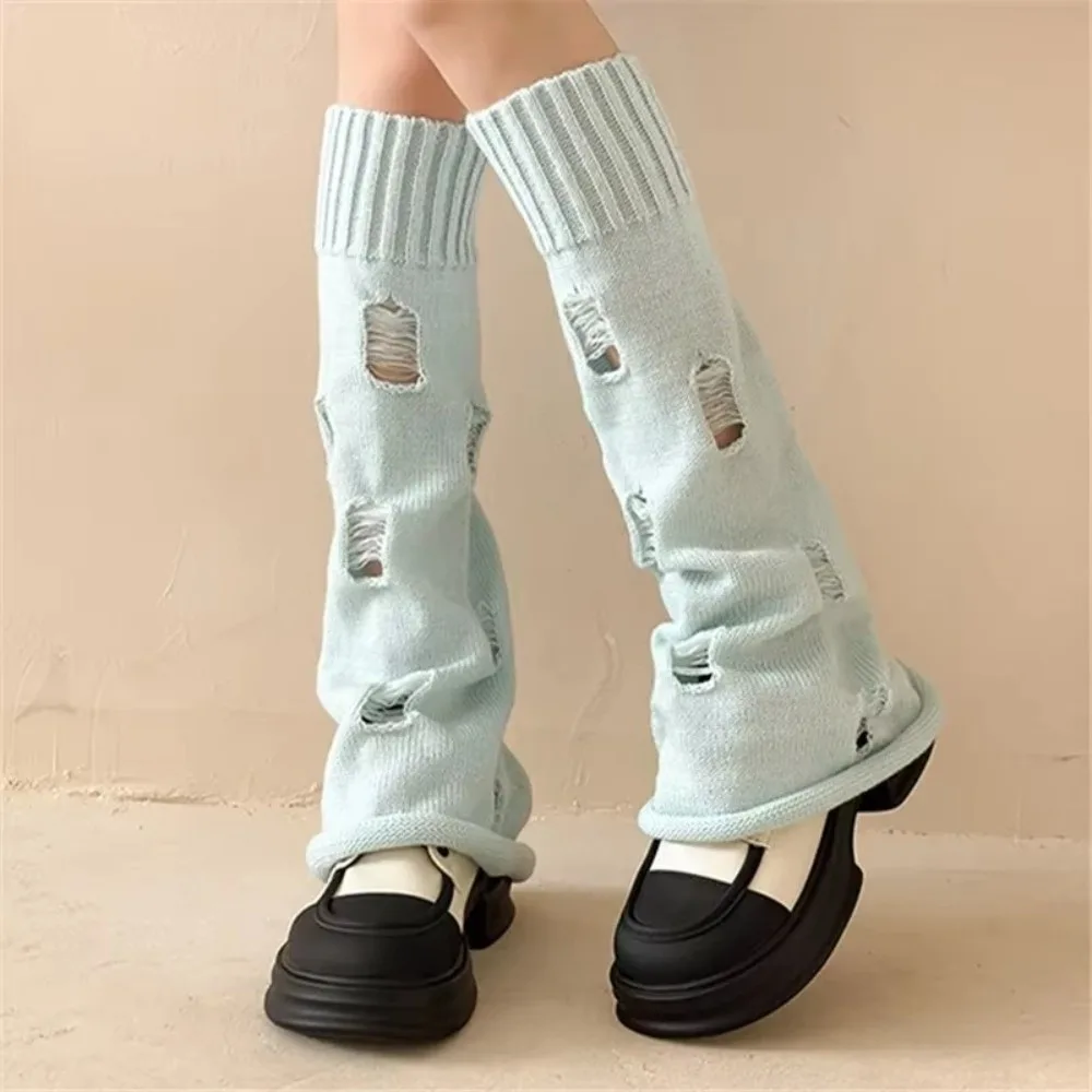 Distressed Knit Knit Leg Warmers Flared Design Ripped Detail Ripped Leg Warmers Long Length Stretch Knit Fabric Stacked Socks
