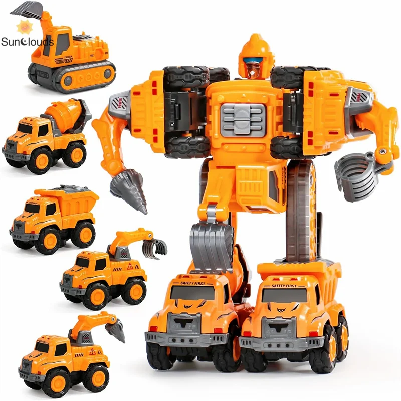 Robot Toys for 3 4 5 Year Old Boy Construction Vehicle 5 in 1 Transform Toys Action Figures Set Building Car Toys for Boy Girl B