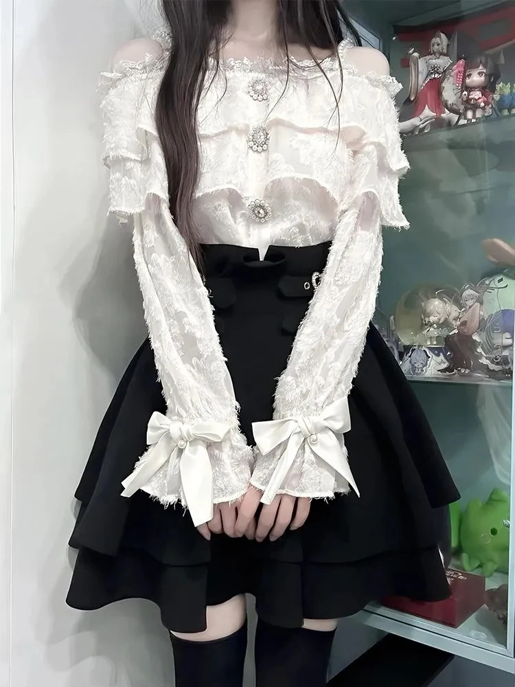 

Костюм с юбкой, милые комплекты из 2 предметов, японская женская одежда, лоскутное платье с бантом и открытыми плечами, сексуальная блузка, туника с высокой талией, юбки, наряды