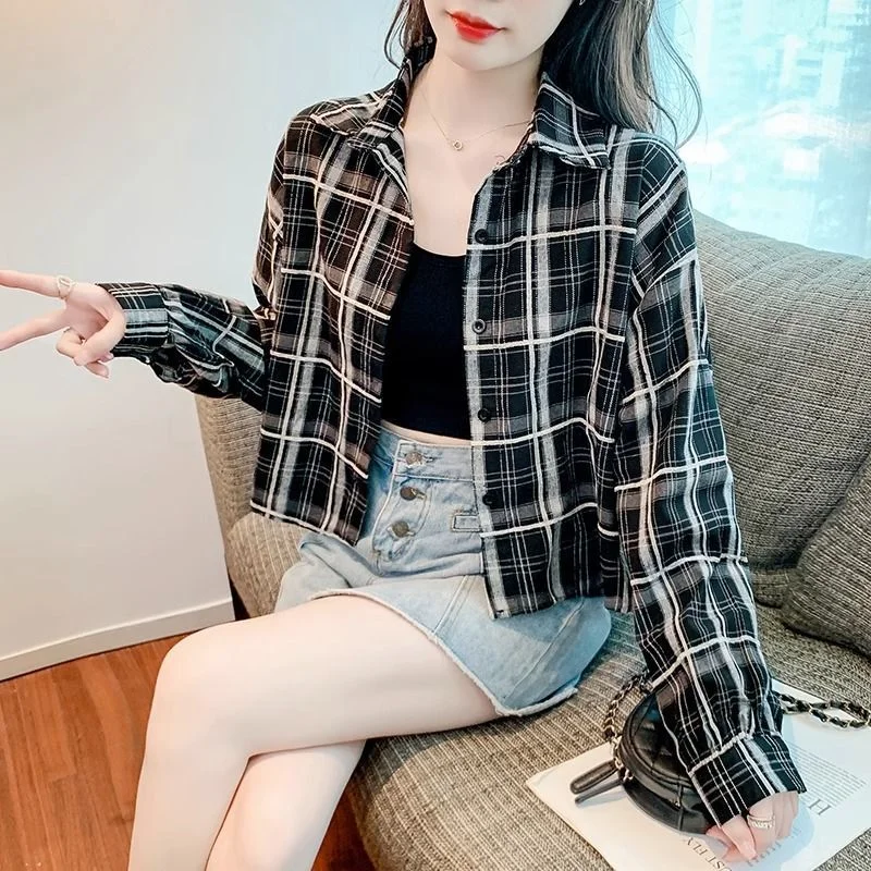 

Кардиган с карманами на пуговицах и лацканами, рубашка в клетку в стиле ретро, универсальный модный повседневный топ с длинными рукавами