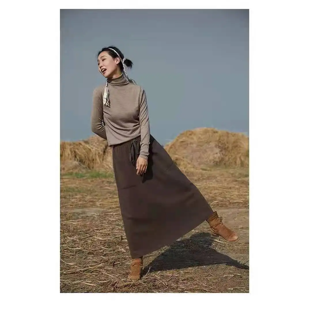 Women's Long Cashmere Skirt 100% Merino Wool Vintage Grace Basic Knitwear Office Lady Autumn Winter Dress