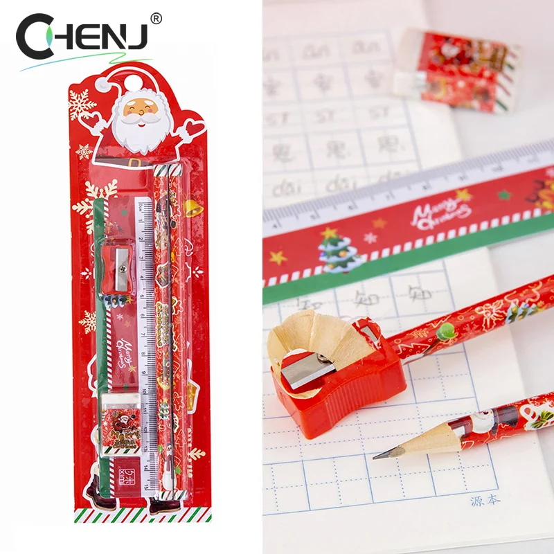 5Pcs/set Cute Christmas Stationery Set Santa Claus Pencil Ruler Pencil Sharpener Eraser School Supplies Children Prizes Gift