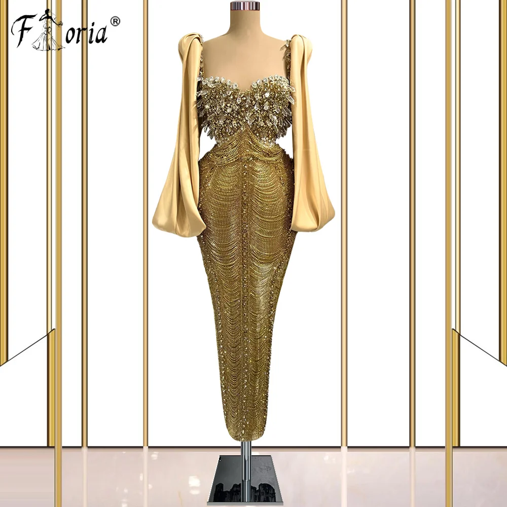 Exquisite Crystal Tassel Bespoke Evening Dresses Gold Dubai Rhinestone Beaded Tea Length Celebrity Party Gown فساتين مناسبة رسم