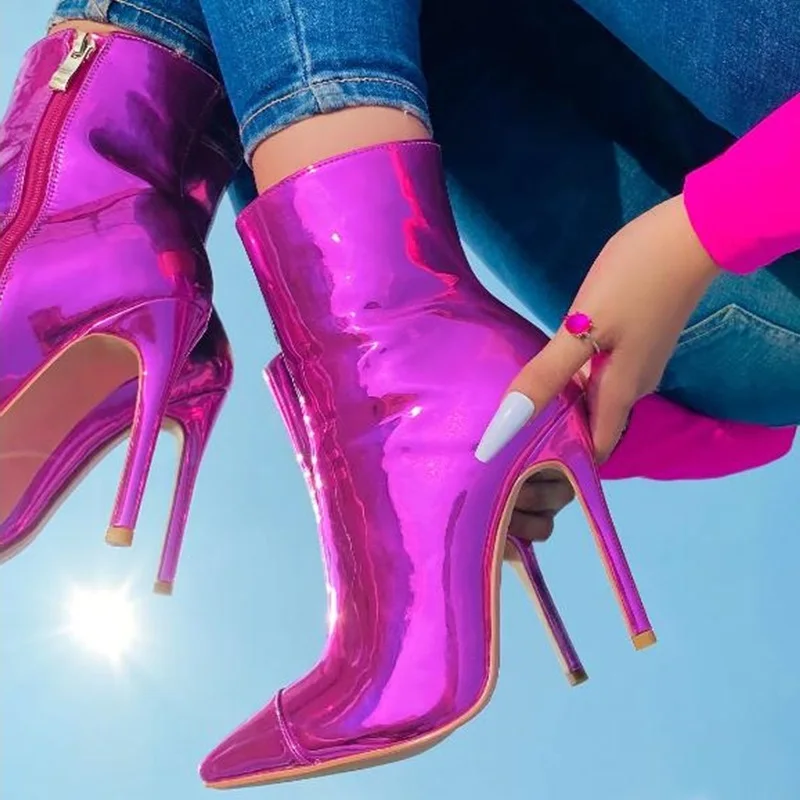 Botines sexis de cuero con espejo y punta estrecha, tacones de boda iridiscentes fluorescentes de 12cm, zapatos de vestir para banquete, color morado, dorado y verde