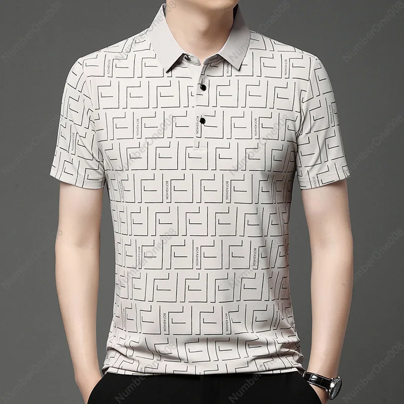 2024 Live Stream Explosion Ice Silk Cool Short-sleeved T-shirt Men's Summer Printing Thin Elastic Polo Shirt Men's Wholesale