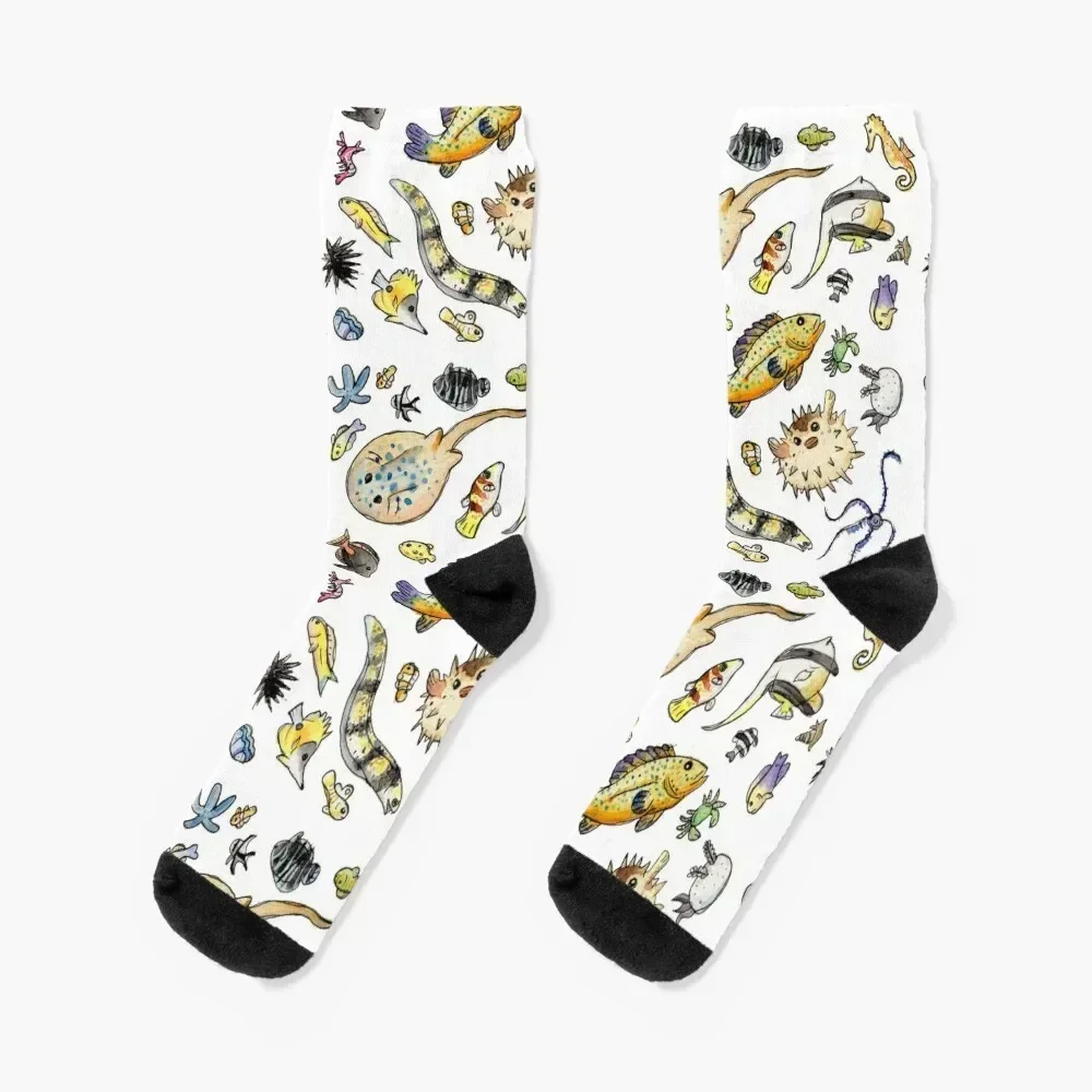 

Saltwater Aquarium Fish and Invertebrate Friends in Watercolor Socks golf christmass gift gym Socks Man Women's