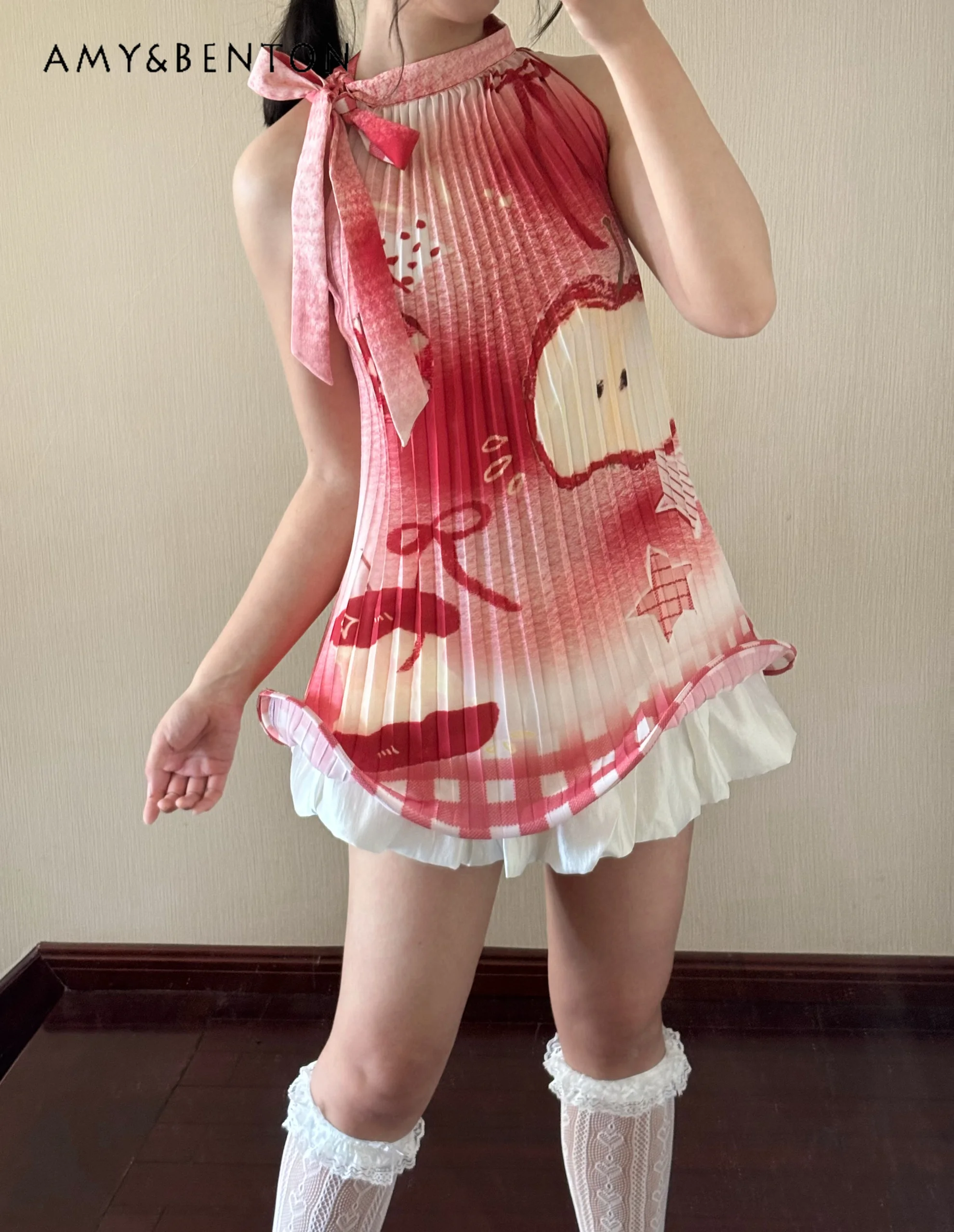 

2025 Summer New Sweet Fruit Print A-line Wave Cute Pleated Fishbone Dress Women Japanese Subculture Spice Girl Y2K Tutu Dresses