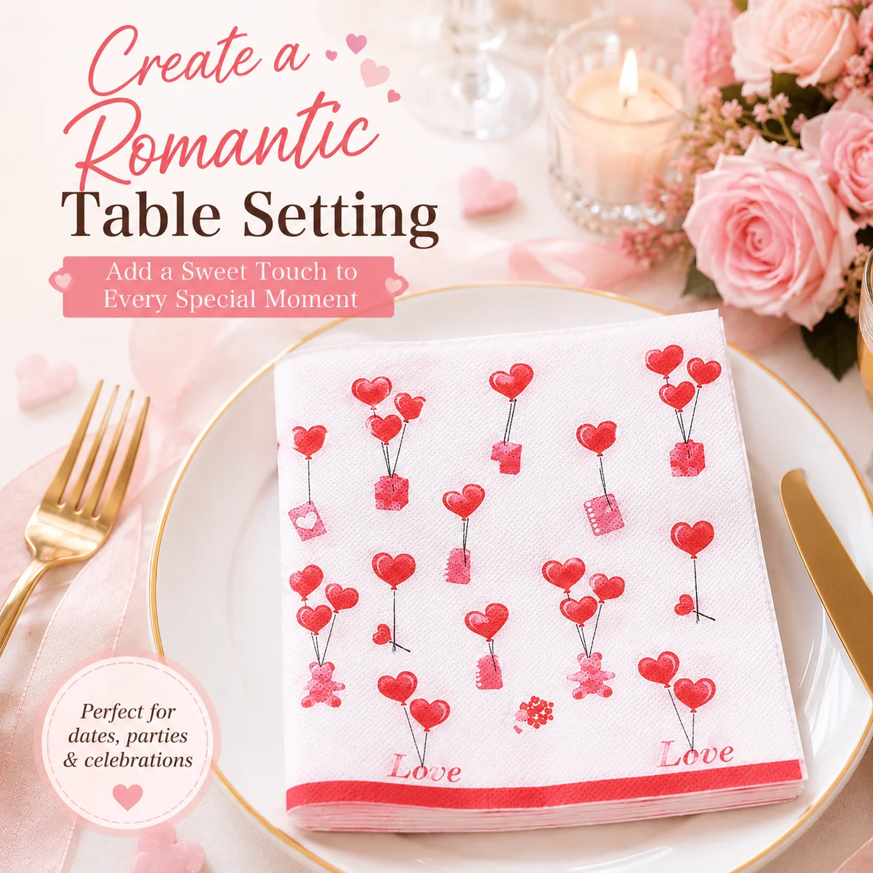 20PCS Love Heart Paper Napkins 2-Ply Embossed Tissue 33x33cm for Valentine Wedding Birthday Party Table Decor
