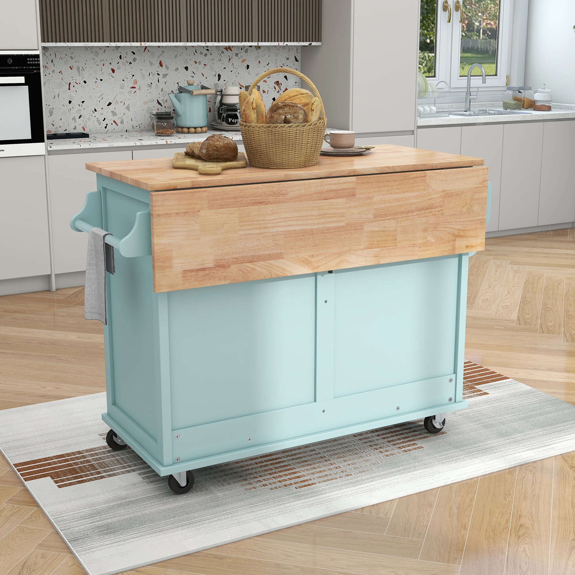 Kitchen Cart with Rubber wood Drop-Leaf Countertop, Concealed sliding barn door adjustable height,Kitchen Island on 4 Wheels wit