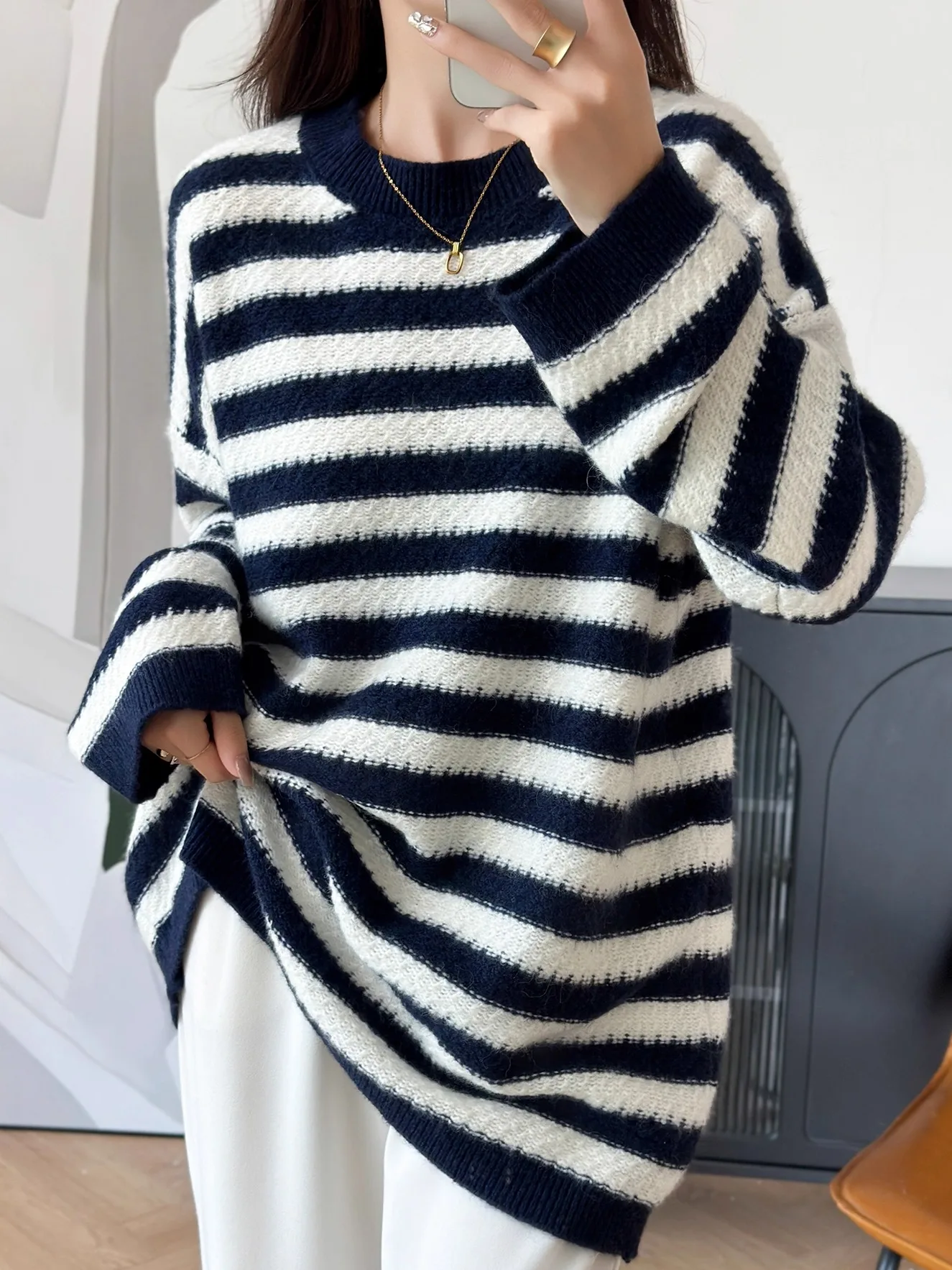 

Красивый полосатый свободный женский свитер Long Sve, мягкий вязаный топ из чесаного хлопка, повседневный осенний Новое поступление