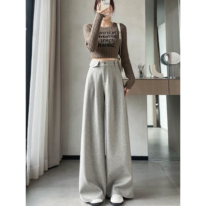 

Thick Fleece Wheat Pattern Woolen Wide Leg Women's Autumn Winter Warm Casual Pants Versatile Slimming Wool Trousers