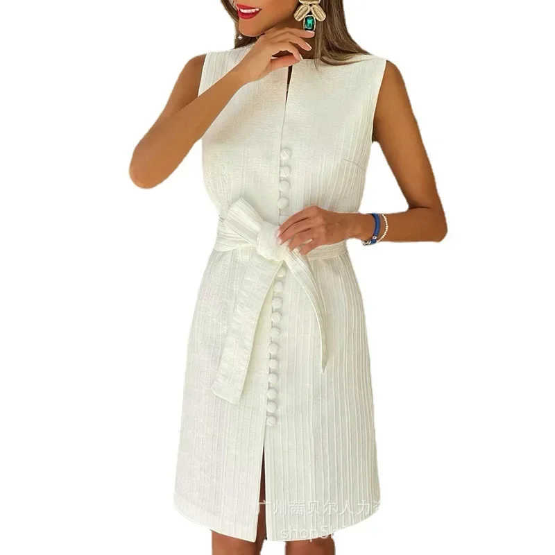 Robe élégante pour femmes, couleur unie, Texture, sans manches, coupe cintrée, taille haute, col rond, blanche, décontractée, longueur aux genoux